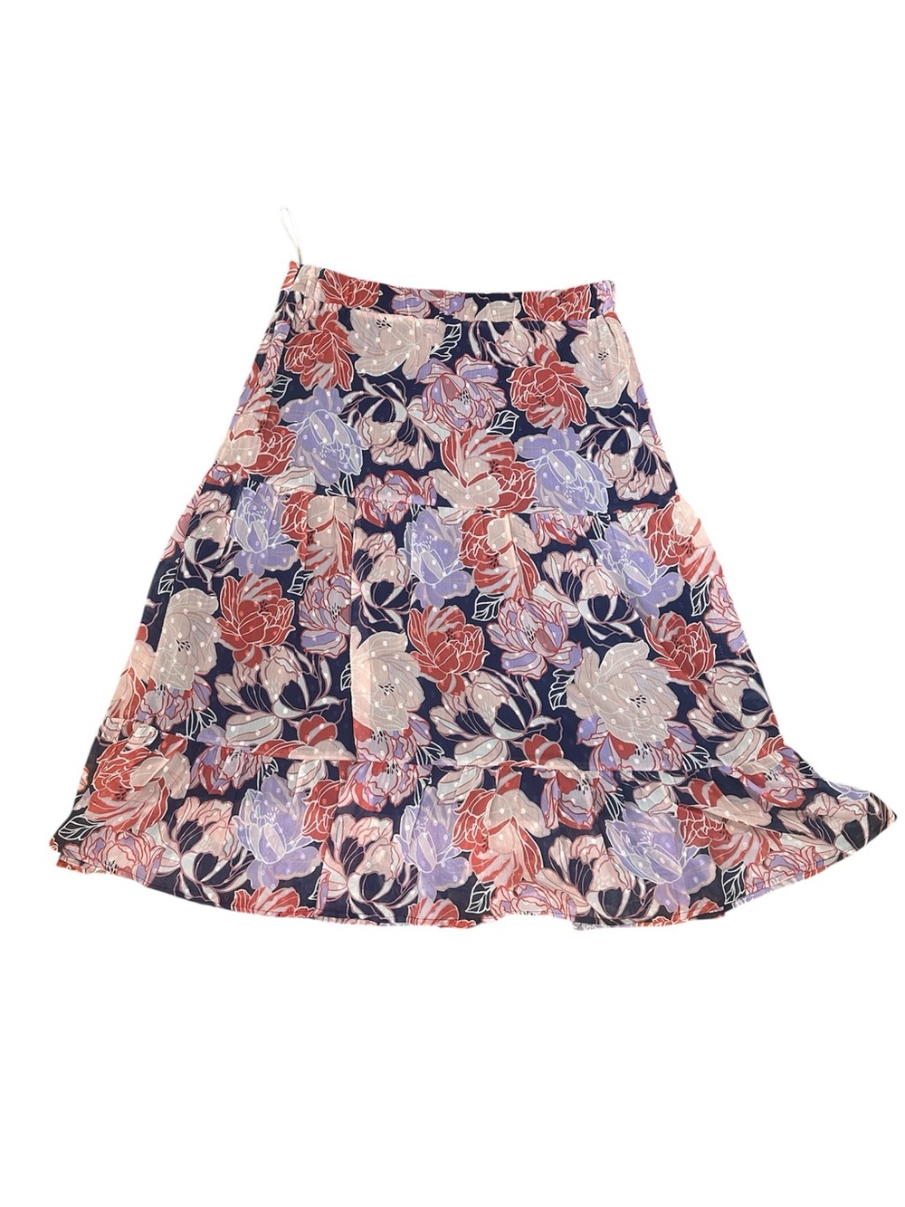 Lulu's Navy Floral A-Line Skirt with Coral & Lavender Blossoms ruffled bottom - Picture 2 of 3